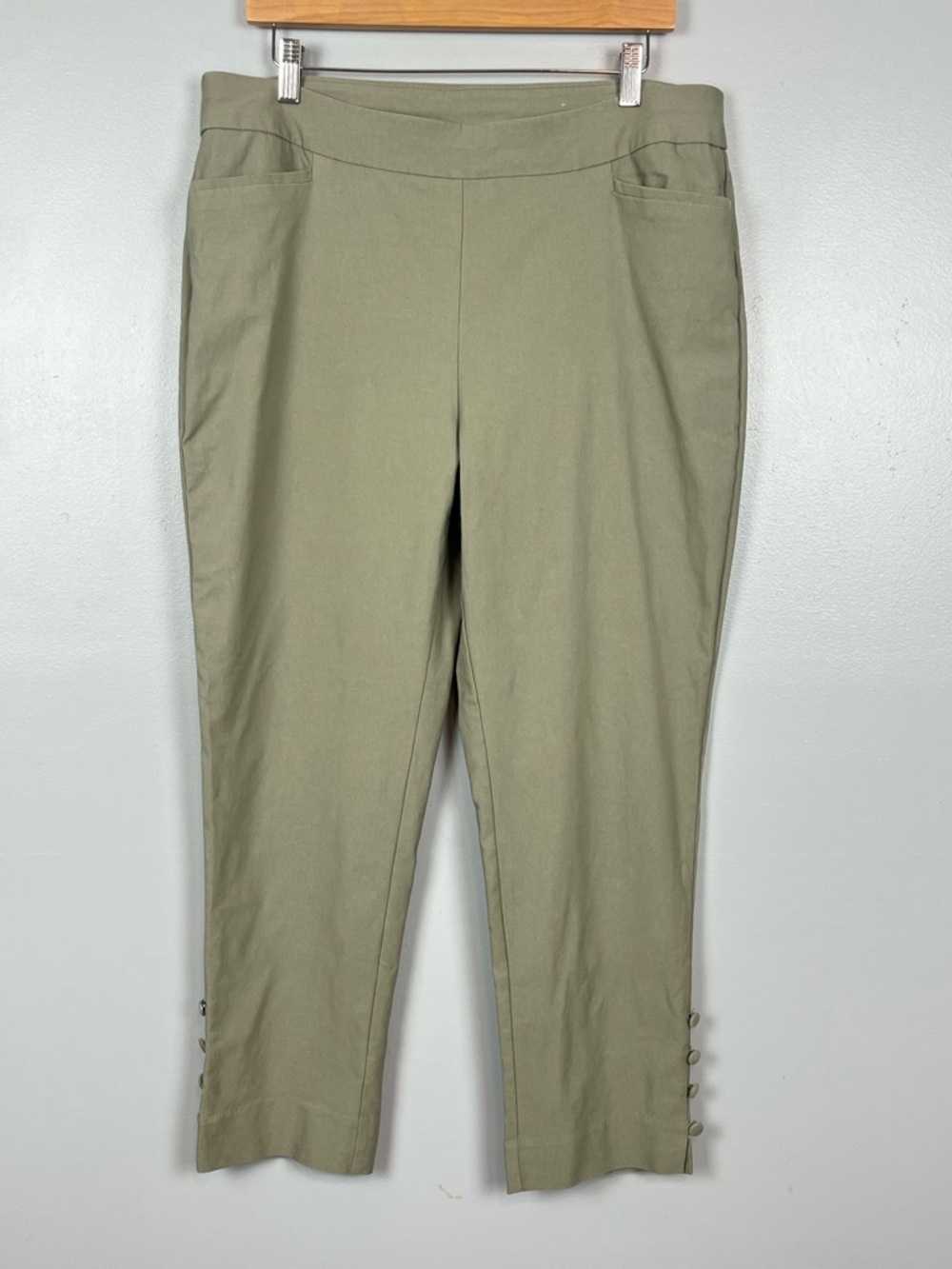 Chico’s olive green rayon nylon spandex pull on style pants, size 14.